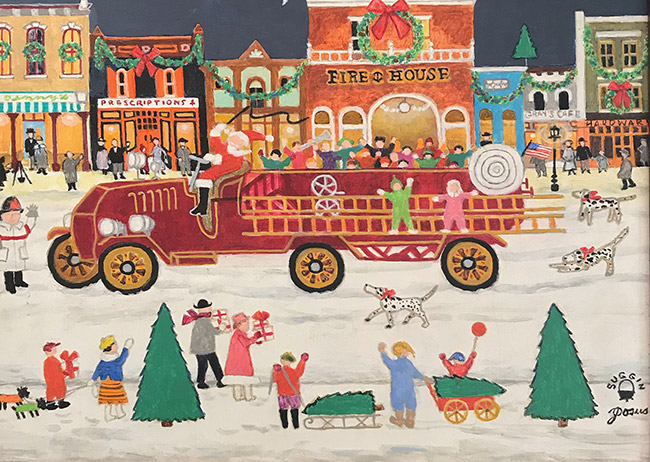 Children in fire truck driven by Santa Claus on town street with decorated storefront buildings and spectators in winter