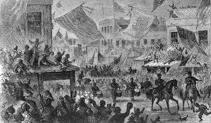Drawing of people watching parade with flags being waved overhead