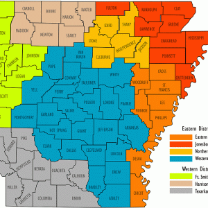 Map of Arkansas with colored sections showing judicial districts