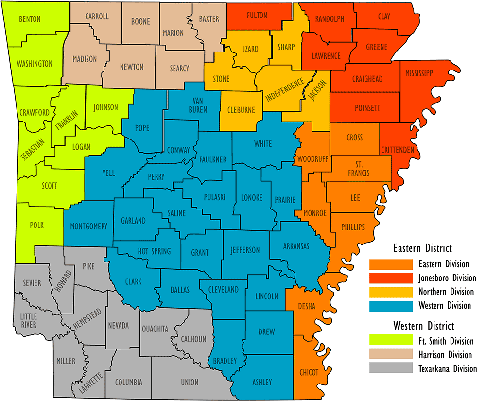 Map of Arkansas with colored sections showing judicial districts
