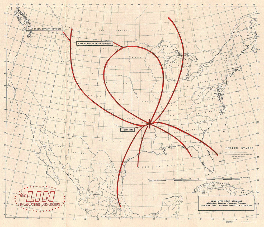 Map of the United States with red lines showing radio station coverage areas