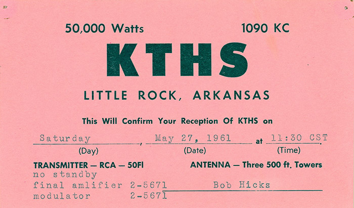 Pink card for KTHS Little Rock dated May 27, 1961