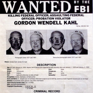 four photos of the same white man on "Wanted by the FBI" poster