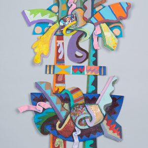 "Ladder" made out of twisted multicolored shapes on gray background