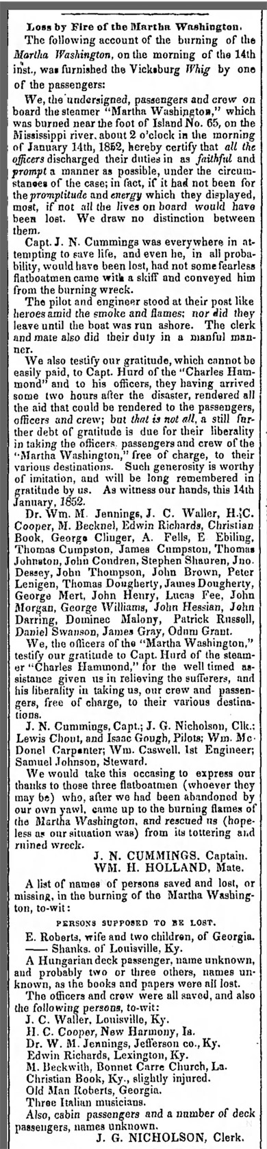 "Loss by fire of the Martha Washington" newspaper clipping