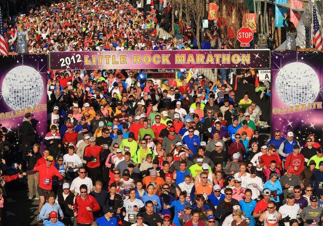 crowd gathered under "2012 Little Rock marathon" banner