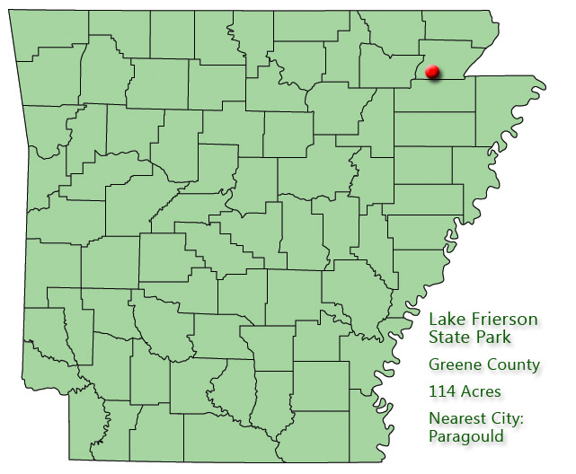 map outlining Arkansas counties with red pin near northeast corner