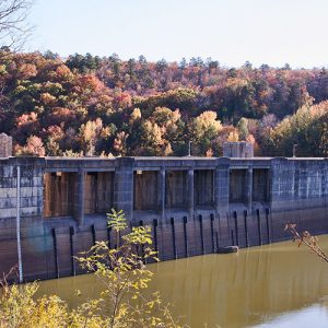 Concrete dam on river with tree covered mountain in the background