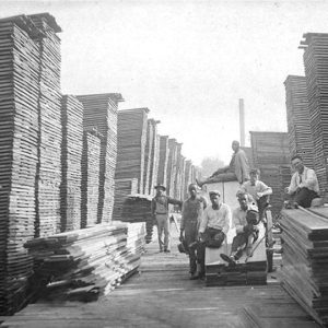 Group of men standing amid stacks of lumber