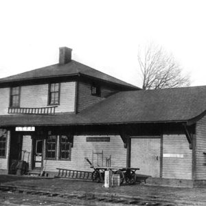 Two-story railroad depot building and tracks