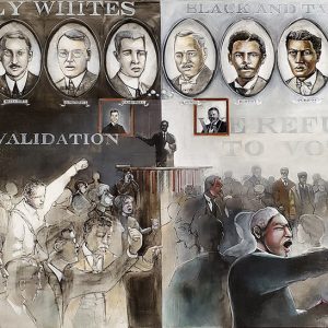 Portraits of white and African-American men under text images of white crowd and of African-American man speaking at lectern to mixed crowd