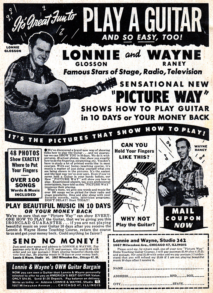 Ad with black and white text showing two white men playing acoustic guitar