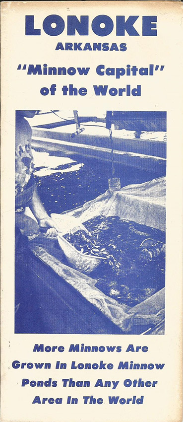 Blue and white brochure with picture of minnows in tank
