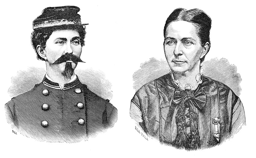 Drawing of person with mustache in military uniform next to woman in dress
