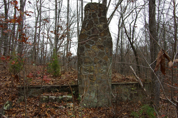 Stone chimney and foundations in wooded area