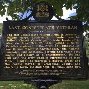 "Last Confederate Veteran" historical marker sign under tree