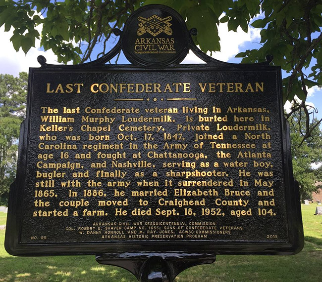 "Last Confederate Veteran" historical marker sign under tree