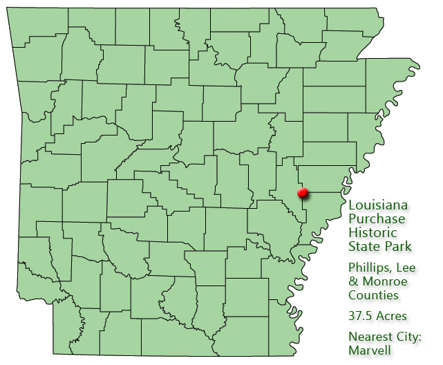 map of Arkansas counties with red pin near eastern boundary