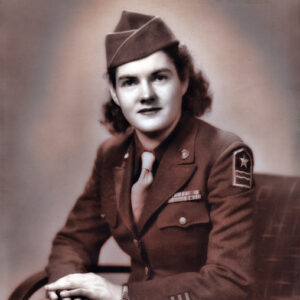 Young white woman in military uniform with cap