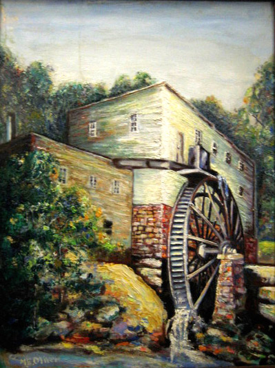 Multistory mill building with water wheel