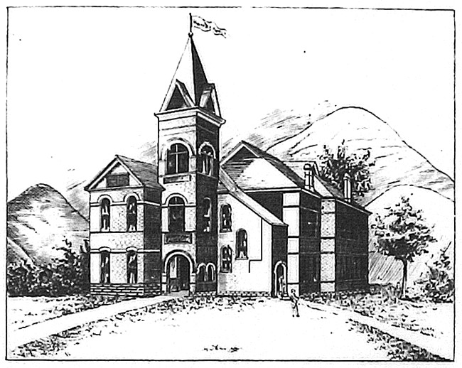 drawing of multistory building with bell tower and hills in background