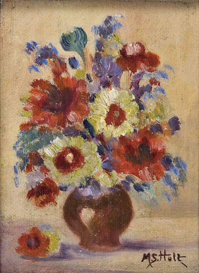 Multicolored flowers in vase with signature on canvas