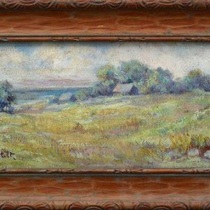 Framed painting of a house and barn in green field