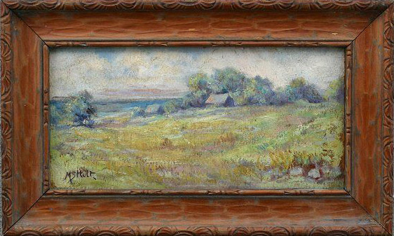 Framed painting of a house and barn in green field