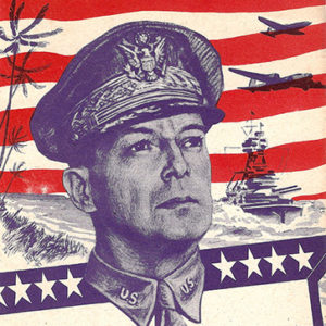 White man with military cap and pins on red white and blue poster with planes and ship behind him