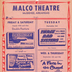 Pink and red show time flyer for "Malco Theater McGehee Arkansas"