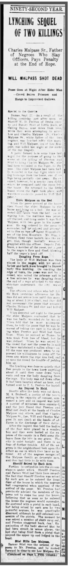 "Lynching sequel of two killings" newspaper clipping