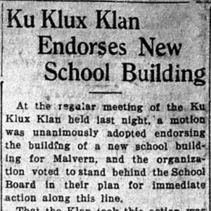 "Ku Klux Klan endorses new school building" newspaper clipping