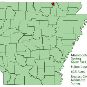 map outlining Arkansas counties with red pin on northeastern boundary