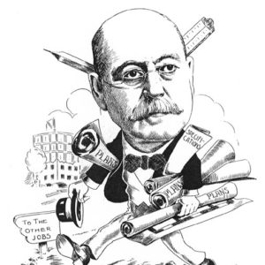 Cartoon of old white man with mustache and glasses holding rolled papers labeled "Plans" and "Specifications" walking with building in the background and sign labeled "To The Other Jobs"