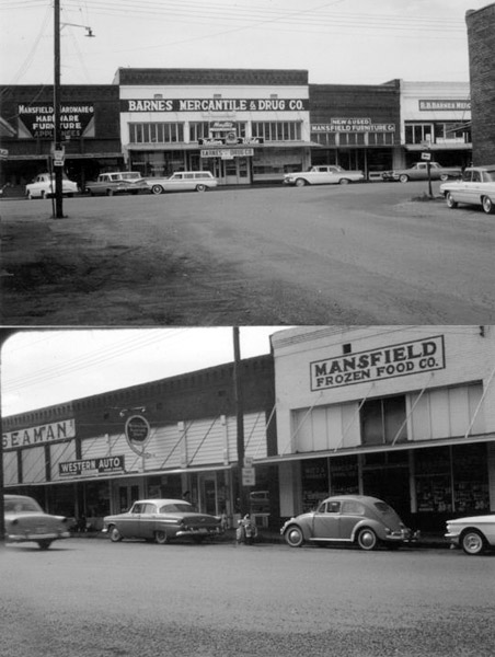 Top photo shows "Barnes Mercantile & Drug Store" with parking lot Bottom photo shows street with "Mansfield Auto and Frozen Food company" sign