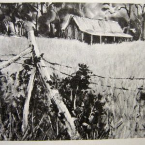 Barbed wire fence with house in field in background