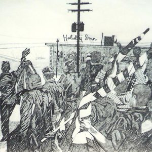 drawing of a crowd of people with flags marching near a building with a "Holiday Inn" sign