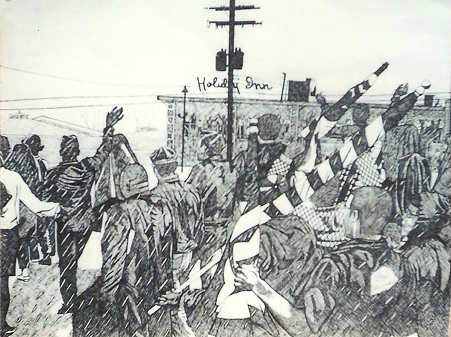 drawing of a crowd of people with flags marching near a building with a "Holiday Inn" sign