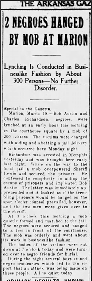 "2 Negroes hanged by mob at Marion" newspaper clipping