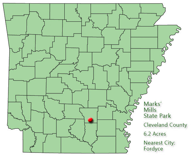Map of Arkansas with red dot in Cleveland County and explanation in green text