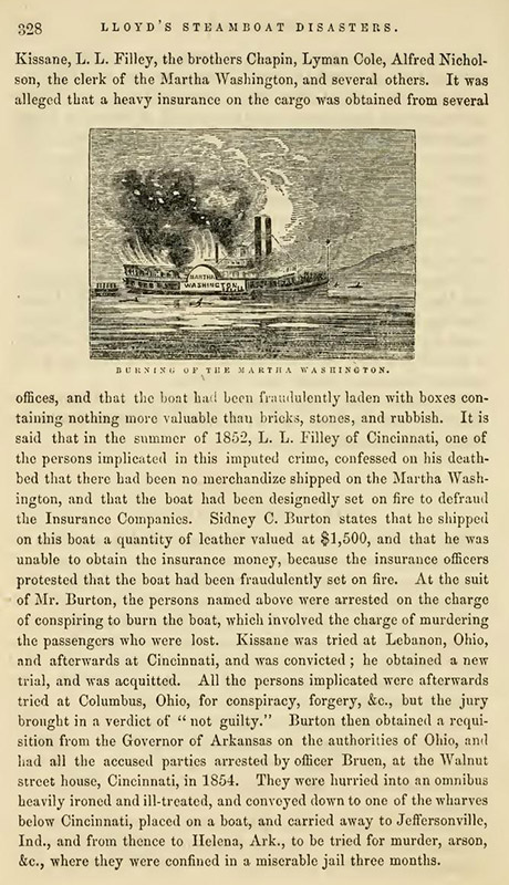 Illustration of burning steamboat and text on page 328 of a book