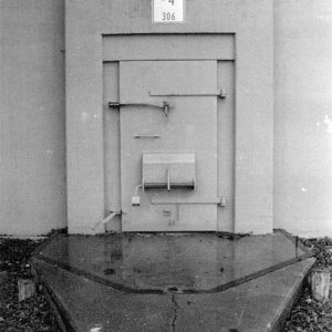 Bunker door with sign above it