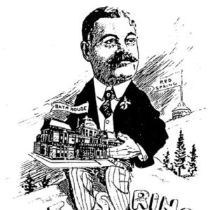 White man with mustache in suit holding a bath house building with the words "Hot Springs" written below him