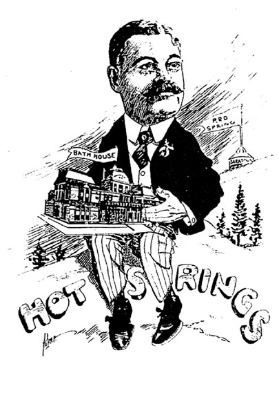 White man with mustache in suit holding a bath house building with the words "Hot Springs" written below him