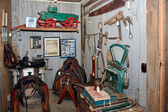 Horse saddles and farming implements on display with framed photographs and documents