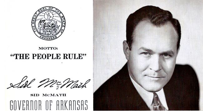 White man in suit and tie with State Seal on campaign flyer