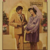 Pregnant white woman in purple wedding dress and white man in suit at a wedding chapel with green text