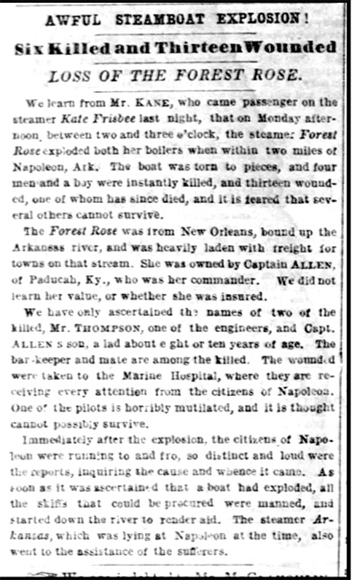 "Awful Steamboat Explosion Six Killed and Thirteen Wounded Loss of the Forest Rose" newspaper clipping