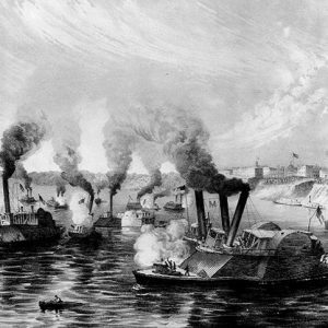 Ironclad naval battle on river with fort in the background