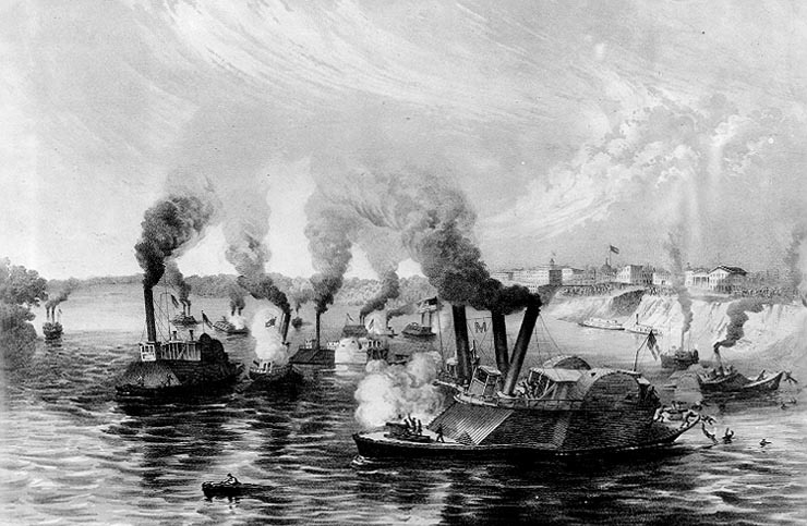 Ironclad naval battle on river with fort in the background